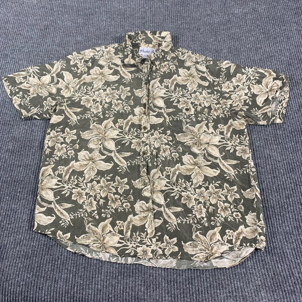 Studio A Top Womens Large L Green Silk Button‎ Up Floral Lightweight Breathable